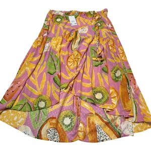 C&C California‎ Skirt Pink Fruit Print Wrap Tiered Maxi Size M Vacation Resort